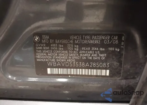 2008 BMW 335Xi z USA, uszkodzony, nr VIN WBAVD53538A285083